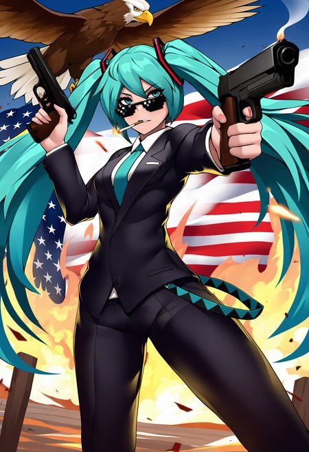 masterpiece, best quality, solo, 1girl, hatsune miku, cowboy shot, outdoors, dutch angle, american flag background, holding gun, gun, fire, eagle, dual wielding, dynamic pose, standing, bird behind head, deal with it \(meme\), sunglasses, cigarette, smoking, suit, (nephlite:0.6), foreshortening, outstretched wings, looking at viewer,