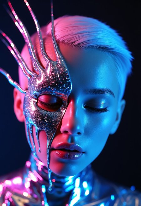 A hyper-realistic, face close-up portrait of a woman with striking, very short white hair, side-trimmed and expertly side-faded, facing the viewer with an expression that conveys both strength and mystery. Her eyes are partially closed, exuding a futuristic, serene presence. The left side of her face is adorned with an intricately detailed chrome mold, seamlessly integrated into her skin, partially covering her left eye. The chrome mold, designed with over 10,000 razor-thin chrome lines, extends outward in straight, rigid formations, resembling molten cheese strands but with a sleek, metallic finish. The chrome has a high-polished, reflective surface that catches and refracts an ethereal, neon-blue and magenta glow, adding a surreal touch. Sparkles embedded within the mold enhance its futuristic, otherworldly essence. Some sections of the chrome are semi-solid, with metallic drips that flow down her face in fluid dynamic patterns, suggesting a seamless merge between technology and organic form. Subtle holographic projections trace the edges of the chrome, emitting faint, pulsating neon symbols and geometric shapes that flicker and shift, adding layers of surrealism. The top of her head is in frame, showcasing the intricate chrome details, while the body remains out of frame, keeping focus on the striking, surreal facial composition that blends technology with artistic surrealism.