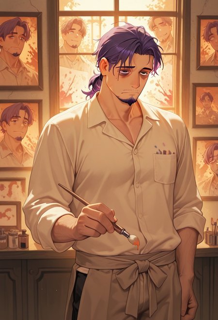 1boy, mbti_intp, mature man, purple eyes, droopy eyes, eye bags, tied hair, goatee, holding a paintbrush, standing in a sunlit atelier, surrounded by canvases, wearing a paint-splattered linen shirt, thoughtful expression, soft window light, warm color palette, artistic details, charmingly disheveled