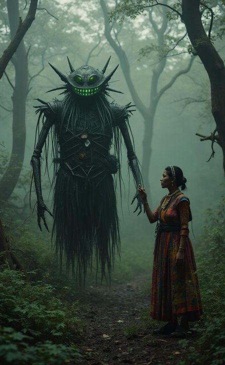 <lora:scribble-flux-v1.safetensors:1> xslx scribble
In the dense, fog-laden forest of 19th-century Brazil, a peculiar entity roams the underbrush. The figure, a blend of myth and metal, stands out in the mist with an eerie luminescence. Its eyes, an intense emerald green, pierce through the gloom, and a haunting smile is etched across its face, stitched together with meticulous care. The creature, crafted from a patchwork of reclaimed materials and ancient fabrics, exudes a sense of uncanny beauty and foreboding.
The forest itself is a tapestry of history, with gnarled trees that seem to whisper secrets of the past. The air is thick with the scent of earth and the faintest hint of industrial soot, a testament to the encroaching modernity. The figure's presence is both unsettling and captivating, a reminder of the blending of ancient folklore and the emerging industrial age.
Nearby, a local villager, a middle-aged woman of indigenous descent, dressed in traditional garb with vibrant patterns and beaded accessories, pauses in her herbal gathering. Her eyes widen as she catches sight of the spectral being. She touches a protective amulet at her neck, a symbol of her ancestors' wisdom, and murmurs an ancient incantation. The atmosphere is electric with a mix of reverence and fear, as the figure and the woman share a moment of silent acknowledgment in the misty glen.