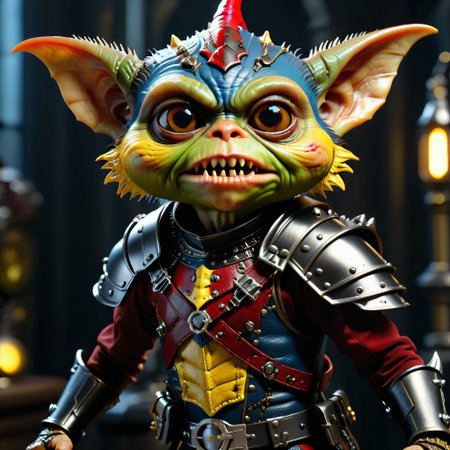 masterpiece, intricate photo of chritmas gremlin in knight armor, vampire clothing, cyberpunk style, steampunk style, gothic art, yellow red blue black dress, hyper realistic, highly detailed, sharp focus, best quality, 8K