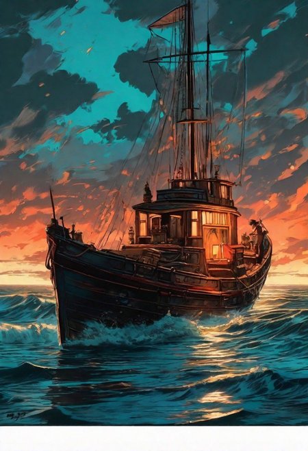 a young woman in the style of nocturne, dreamy atmosphere, dark cyan and red, i can't believe how beautiful this is, serene atmosphere, piles/stacks, flickering light, epic realistic, broken old boat in big storm, illustrated by herg, style of tin tin comics, pen and ink,art by greg rutkowski and artgerm, soft cinematic light, (depth of field:1.4), faded, (neutral colors:1.2), (muted colors:1.2), (artstation:1.4), cinematic, warm lights, dramatic light, complex background, (rutkowski:0.66), (teal and orange:0.4), hdr, (intricate details, hyperdetailed:1.15) (skin texture:1.2)  <lora:H.R.Giger_ArtStyle_640x960:0.75> <lora:Oxana_Chucha_v2:1>