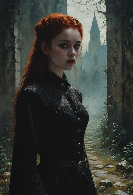 High resolution ultra-realistic of sinister Vampire warrior girl, Intricately Designed Shroud, A Vampire warrior girl clad in a black armor stands in a gloomy graveyard, head and shoulders portrait, wavy red hair, realistic red eyes, perfect athletic figure, handsome vampire pale bloody face, iconic vampire canine teeth, beautiful perfect detailed pupils, wet oily shiny skin, beautiful firm Breasts, defiant and seductive, 8k resolution concept art portrait by Greg Rutkowski, Dark Ages, Artgerm, WLOP, Alphonse Mucha dynamic lighting hyperdetailed intricately detailed Splash art trending on Artstation triadic colors Unreal Engine, 5 volumetric lighting, Cinematic Lighting, intricate, smooth, sharp focus digital painting, Asymmetrical Balance, hyperdetailed painting, dynamic lighting
