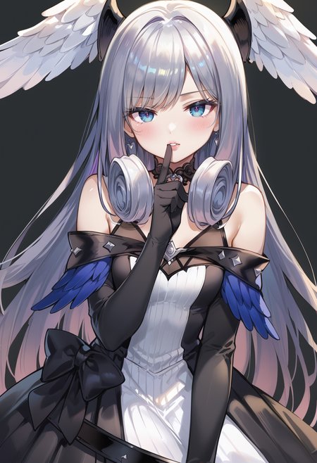(score_9:0.9),score_8_up,score_7_up,rating_safe,anime style,(zPDXL),<lora:XB3 Melia Antiqua ponyXL v1:0.74>, melia antiqua xb3, 1girl, solo, black dress, black elbow gloves, simple background, looking at viewer, blush, finger to mouth, bare shoulders, black choker