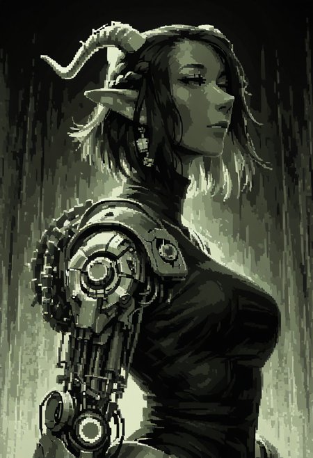 score_9, score_8_up, score_8, female, cel-shading, backlit, delicate features, short hair, (braided hair), black hair, upper body, from waist up, big breasts, horns,  techwear, cyborg, pointy elf ears, rainbow hair, short hair, black background, techwear, LFB, street in background, pixel, green theme, monochrome,