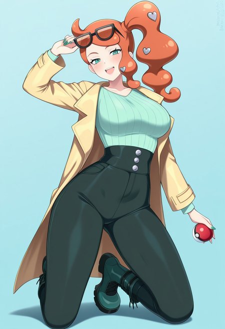incredibly absurdres,masterpiece,absurdres,high quality,volumetric light,(very aesthetic),1girl, eyewear on head, solo, poke ball, side ponytail, heart hair ornament, orange hair, hair ornament, holding poke ball, sunglasses, heart, holding, poke ball (basic), breasts, pants, looking at viewer, long hair, boots, kneeling, smile, open mouth, nail polish, green nails, coat, full body, aqua eyes, shirt, long sleeves, green eyes, blush