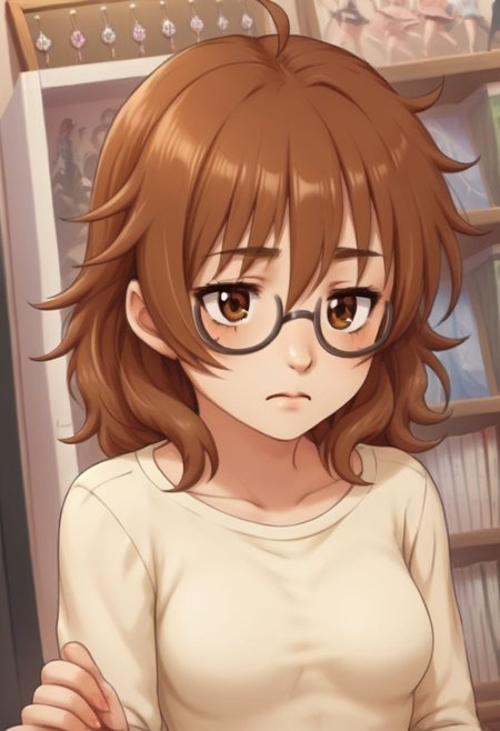 score_9, score_8_up, score_7_up, BREAK, source_anime, ARAKI HINA BROWN HAIR, MEDIUM HAIR, BROWN EYES, MESSY HAIR, BIG HAIR, FLIPPED HAIR, TIRED HAIR, AHOGE, JITOME, MEDIUM BREASTS, j0j0styl3