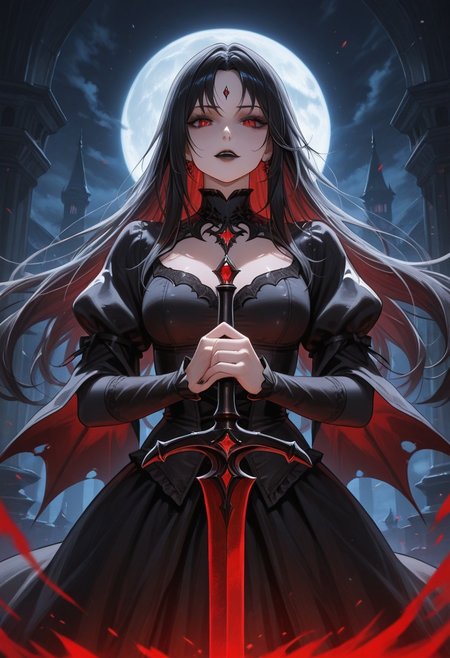 A beautiful vampire woman with black hair and red eyes, holding a sword in her hands, in the style of fantasy art. This digital painting features a full-body portrait with a fantasy background, in a dark gothic theme. The detailed face and sharp focus create a captivating dark fantasy setting
