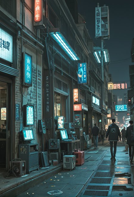 ,ruanyi0779,science fiction,neon lights,street,cityscape,people,crowd,<lora:0779 science fiction world_v1_pony:1>, score_9,score_8_up,score_7_up,,8k,1girl,solo,