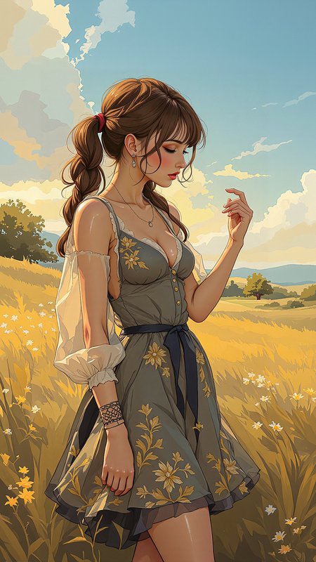 aidmafluxproultra, A high-quality, whimsical digital artwork in the style of pinksoftcoreanime, drmSTRX,High-resolution anime-style illustration with impressionistic influences of a young woman standing in a sunlit meadow, a gentle breeze rippling through her outfit. Her chestnut-brown hair is styled into intricate braided twintails, delicate ribbons woven throughout, catching the light. She wears a layered, asymmetrical dress with a sheer outer layer embroidered with golden floral patterns, cinched at the waist with a silk sash that drapes elegantly down her side. Billowing sleeves with lace cuffs add movement as she lifts one hand slightly, feeling the wind on her fingertips. Around her, wildflowers sway, and a distant tree line blends into warm golden hues under a vast blue sky painted with soft, textured brushstrokes. Smooth anime shading merges with expressive, impressionistic strokes, enhancing the dreamy, serene atmosphere <lora:aidmaFluxProUltra-FLUX-v0.1:0.3> <lora:PinkieSoftcoreAnimeFLUX:0.8> <lora:drmSTRXv1:1.0>