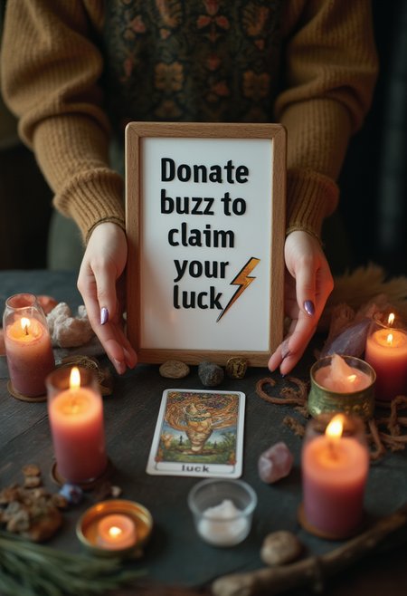 A board with on top with text saying "Donate buzz to claim your luck" and thunder emoji , tarot reading with a magical card in the middle of the table, the card luck symbol on the table, the card has text saying "luck", woman hands, cands, crystals 