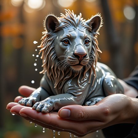 ultra hd flow ,flux-wet ,a wet creature with the body of a lion, the head of an rhino, sitting in the palm of a female hand, background of autumn foliage