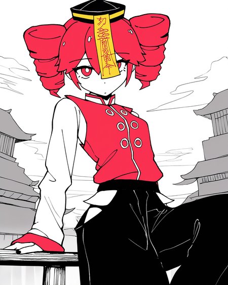 best quality, highres, masterpiece, very awa, newest, 2024,outdoors, limited palette, spot color, hatching \(texture\), 
1girl, solo,
chinateto, kasane teto, black hat, ofuda, red vest, white shirt,  hip vent,  black pants, 
<lora:odochina-000010:.7> 
<lora:KarasuChan1204:1> ,  karasuchan1204