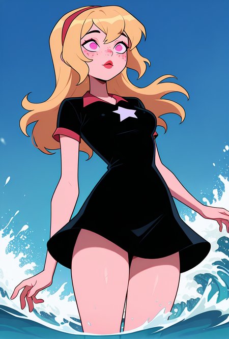 ((cartoon, screencap)), <lora:lucybig:1>, solo, lucybig, long hair, blonde hair, red hairband, pink eyes, lipstick, short sleeves, star (symbol), short dress, black dress, freckles, dynamic pose, emerging from water, foreground blur, from bottom, waves, splashes, masterpiece, best quality, amazing quality, very aesthetic, absurdres, newest,