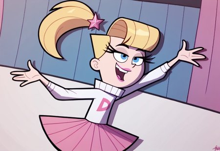 score_9, score_8_up, score_7_up BREAK VeroFOP, 1girl, blonde hair, blue eyes, ponytail, pink lipstick, long-sleeve white turtleneck sweater with pink D-logo, pleated pink skirt, pink white boots, dancing, music party,