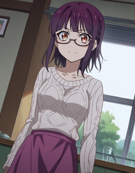 score_9, score_8_up, score_7_up, source_anime,
sumikafujimiya, <lora:sumika-fujimiya-s1-ponyxl-lora-nochekaiser:1>,
sumika fujimiya, brown eyes, purple hair, braid, glasses, semi-rimless eyewear, under-rim eyewear,
sweater, long sleeves, collarbone, skirt, purple skirt,
indoors, smile,
looking at viewer, dutch angle, cowboy shot,