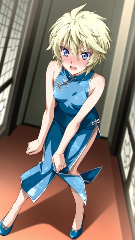 source_anime, general, best quality, masterpiece, 1girl,  <lora:Esther_Elhous_ill_v1.0:1> esther_elhous\(srw\),blue eyes , blonde hair, yellow hair,tsurime, small breasts ,china dress, flustered, (embarrassed:0.9),  dynamic pose, dutch angle, full body,