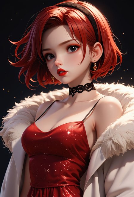 score_9,score_8_up,score_7_up,  <lora:3d_render_pdxl_goofy:1>3d render, 1girl, alternate costume, artist name, bare shoulders, black background, black choker, black eyes, black gloves, black hairband, breasts, choker, cleavage, coat, collarbone, cowboy shot, dark background, dress, earrings, elbow gloves, fur coat, glitter dress, gloves, gradient background, hairband, hand up, jewelry, light particles, lipstick, looking at viewer, low neckline, makeup, medium breasts, off shoulder, parted lips, red dress, red hair, red lips, short hair, simple background, solo, spaghetti strap, sparkle, standing, white coat
