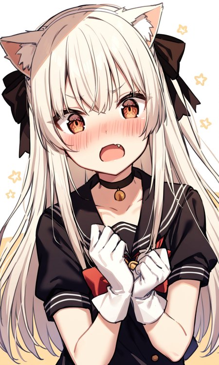 1girl, sensitive, long hair, blush, open mouth, gloves, bow, animal ears, brown eyes, white hair, hair bow, fang, cat ears, sailor collar, black bow