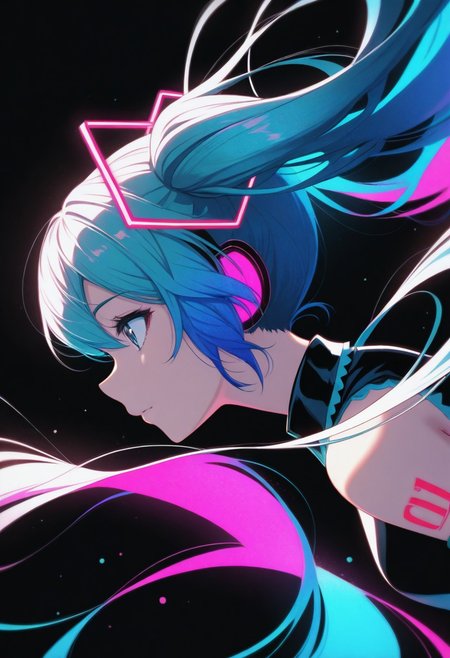 silhouette character, black ink, neon colors, colors splash effect, flowing hair, Masterpiece, clean lines, sharp, focused subject, minimalistic composition, side view, upper body view. blue and pink neon lights, black background, futuristic, Hatsune Miku, dynamic motion, dynamic angle, vibrant colour