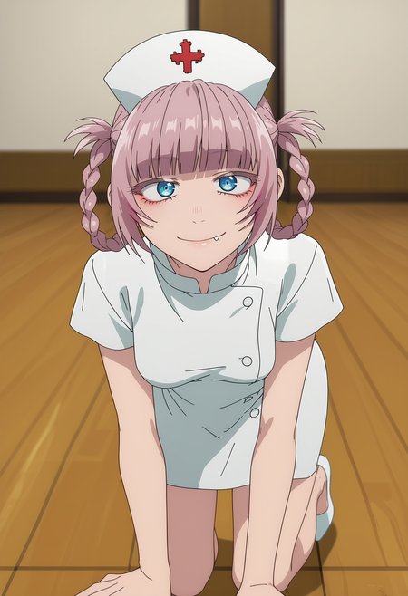 score_7_up, anime screencap,
<lora:YofukashiNoUta_NanakusaNazunaXL:0.8>, NanakusaNazuna,
1girl, solo, closed mouth, light smile,
pink hair, short hair, braid, hair rings, blue eyes, fang,
NanakusaNurse, nurse, white dress, nurse cap,
looking at viewer, thigh gap, cowboy shot, all fours,
blurry background, photo background, indoors, wooden floor, futon