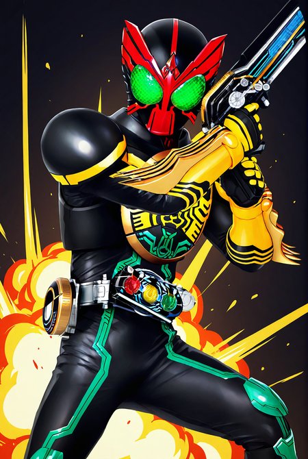 very awe,aesthetically pleasing,masterpiece,best quality,amazing quality,very aesthetic,ultra-detailed,high resolution,8k,1boy,solo,cowboy shot,male focus,detailed face,armor,belt,tokusatsu,bodysuit,helmet,rider belt,black bodysuit,weapon, holding weapon, fighting stance, explosion,<lora:Kamen Rider ooo:0.8>,kamen rider 000,