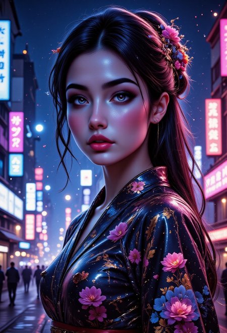 score_9, score_8_up, score_7_up, realistic, petite, (big beautiful eyes:1.2), gorgeous girl, slim body, small perky breast, 8K, Masterpiece, best quality, 1 girl, 25 years, solo,epic portrait. Cyber ​​Geisha Neon Kimono, Double Exposure of Shibuya at Night, Botanical Garden, Bioluminescent snow,  Abstract Neon Pattern, Glowing snow, Stunning Girl, Light on Face, Glitch Art, Vibrant Colors, Cinematic Color Gradation, Surreal Lighting, Cinematic Depth, Neon Hair , long wavy hair, cybernetic galaxy eyes simple background, dark background, Dutch angle, full body,  ark theme,
Midjourney style, Anke, black light paint, blp, Magic style, mad-cyberspace, BMStyle, Jedwtrexp, watercolor, from side