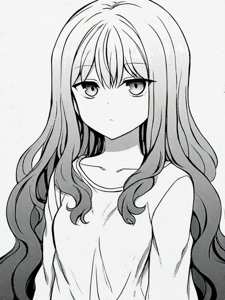score_9, score_8_up, score_7_up,  
1girl, monochrome, nozaki yuu, very long hair, wavy hair, small breasts,
standing, expressionless, white t-shirt, upper body, looking at viewer, face, white background,