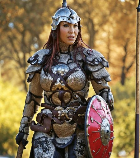 RAW photo, (masterpiece:1.3), subsurface scattering, heavy shadow, (high quality:1.4), (intricate, high detail:1.2), professional photography, HDR, High Dynamic Range, realistic, ultra realistic, photorealistic, high resolution, film photography, ambient lighting, atmospheric effects, <lora:detail_slider_v4:2>, OverallDetail,  AvaD, <lora:AvaD:1> , as a female monar warrior, wearing light armor, leather armor, chainmail, holding a shield, helmet, holding a spear,<lora:MongolArmor:0.8>, epiCPhoto