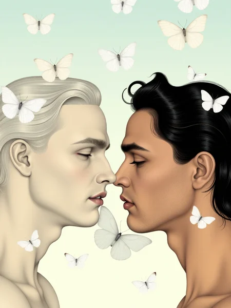 A striking composition featuring two androgynous figures gazing intensely at each other, framed by a flurry of delicate white butterflies. The figures display contrasting skin tones, one pale and slightly luminescent, the other with a warm, earthy hue, highlighting their ethereal beauty. The background is a soft gradient, merging light pastels that enhance the dreamlike quality of the scene. The lighting is soft and diffused, casting gentle shadows that create depth without overpowering the subtle details of the characters. Their expressions convey deep emotion, evoking a sense of connection and tension. The artistic style is reminiscent of modern surrealism, drawing influence from contemporary artists who blend realism with fantastical elements. The technique appears digital, yet retains a painterly feel, employing smooth gradients and refined textures. This piece invites viewers to explore themes of intimacy and the transient nature of beauty, creating an enchanting visual experience.