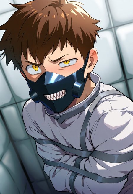 masterpiece, best quality, amazing quality, Bokun art style, male focus, solo, from side,
BREAK 1boy, twink, brown hair, yellow eyes, uneven eyes, straitjacket, metal mask, sharp teeth, bound arms, 
BREAK inside, white room, padded room,