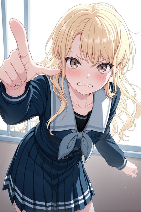 masterpiece, best quality, amazing quality,
<lora:Touko_IL:1> touko, 1girl, blonde hair, solo, long hair, school uniform, skirt, clenched teeth, teeth, pleated skirt, blush, brown eyes, serafuku, blue skirt, looking at viewer, collarbone, pointing, tsukinomori school uniform