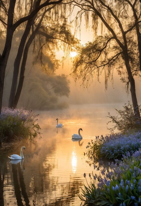 During the enchanting golden hour, swans elegantly navigate the calm waters of the lake, their graceful movements mirrored in the glassy surface. The soft golden light, captured with a Canon camera and 50mm lens, adds a cinematic quality to this timeless scene, framed by the ethereal mist and the delicate blooms of Blue Jacaranda trees,ducks in the lake, mist, golden hour light falling on trees, morning, mist on the river, golden hour sunset, natural photography, nat geo magazine cover. vintage shot. sunrays reflecting off lake, foggy landscape, depth of field.