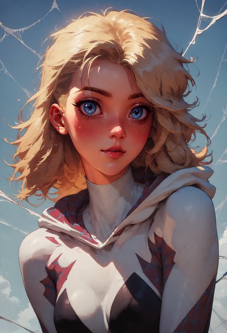 score_9, score_8_up, score_7_up,    spider gwen, beautiful eyes, blush, cute, blonde hair, petite, spider webs, posing, simple background,  <lora:Concept Art Twilight Style SDXL_LoRA_Pony Diffusion V6 XL:0.8> concept art, realistic  <lora:Expressive_H-000001:0.8> expressiveh,  <lora:Kenva:0.8> knva, halftone effect, retro artstyle