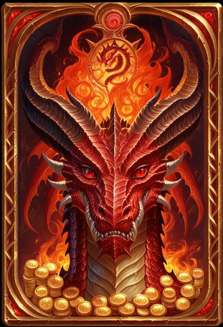 Card, Tarot, graphic border, Illustrative, Dark, angelic, porcelain, dragon head, detailed, horns, gold coins, bright background, red eyes, fire,
score_9, score_8_up, score_7_up,
