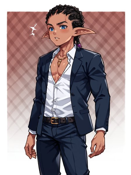 score_9, score_8up, score_7up, score_6up, score_5up, score_4up, BREAK
abstract background, BREAK
solo, male, dark skin, blue eyes, black hair, dreadlocks, necklace, pointed elf ears, school uniform, blazer, bare chest, pants, BREAK
source_anime, rating_safe, BREAK
  <lora:Torakitchen__Ebitendon_-_Style_-_PDXL:1> tk_style <lora:Khristofer_Camel:0.8>