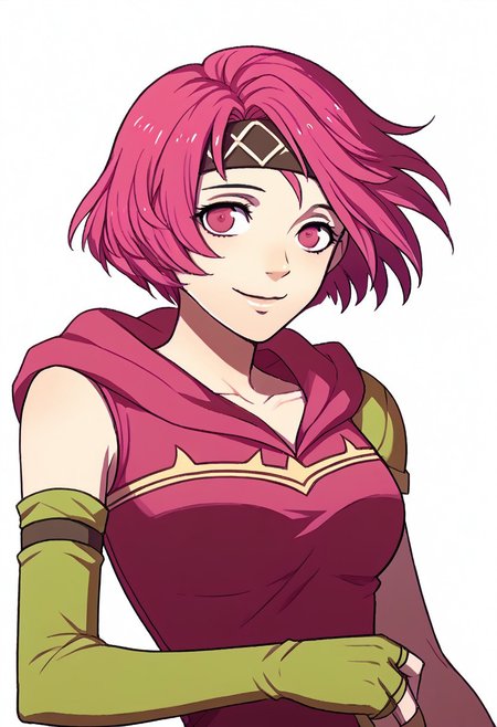 score_9, score_8_up, score_7_up, source_anime BREAK 1girl, solo, <lora:zs_FE3HPortraitsXL:1> fe3hportraits, upper body, white background, <lora:NSNeimiFE8:1> NSNeimiFE8, short hair, pink eyes, headband, uneven gloves, single pauldron, fingerless gloves, green gloves, single elbow glove, pink hoodie, sleeveless, sleeveless,smile