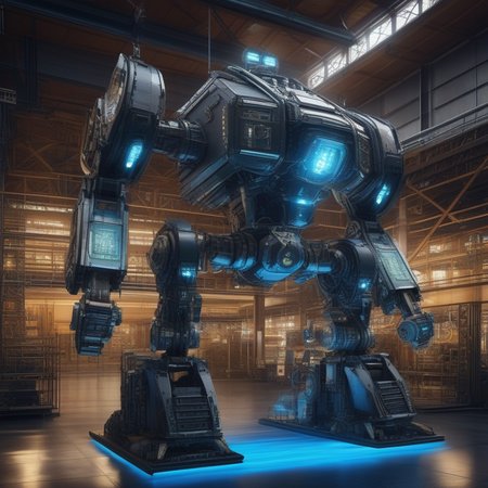 giant robot manufacture, (cutaway view:1.2) of mechanical torso, microchip, wire, computer, mechanical legs, (glowing core:1.1), (intricate details:1.4) BREAK ultra wide shot, indoor, factory, construction platforms, truck, no humans BREAK (masterpiece, best quality:1.2), promotional art, official art, award-winning, highres, extremely detailed, 8k photo, best quality, intricate details, realistic, gorgeous, hyperdetailed, grainy, high quality, (((professional))), canon 5d
