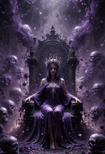 Digital art, concept art. the Queen of the Undead sits upon a Throne of skulls in a gloomy realm. Clad in dark purple slit toga with silver ornaments and draped in canvas hoods, she exudes both seduction and danger. Faded flowers surround her, contrasting with her chilling presence. A glowing magical circle pulsates at her feet, bending the elements to her will. Her eyes, twin orbs of ethereal radiance, convey a depth of darkness and power that warns of impending doom to all who dare oppose her. Bokeh blur. Colorful. BadDream, DEVIL SPAWN, ais-darkpartz, OverallDetail,