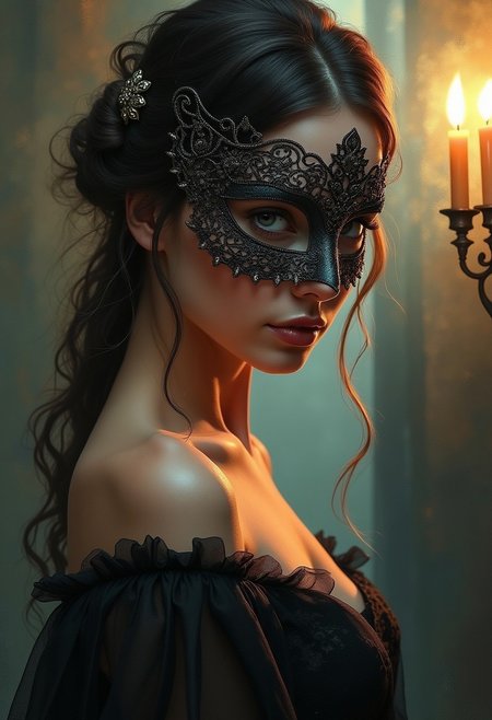 A stunningly beautiful woman stands in a dimly lit scene, wearing an intricate, laced masquerade mask that accentuates her enigmatic allure. The style, inspired by Alexey Kurbatov, features soft, painterly textures and muted tones, contrasting with delicate details of her mask—adorned with filigree patterns and subtle metallic glints. Her gaze is mesmerizing, partially veiled by the shadows cast by the mask, while her elegant attire, draped in flowing fabric, blends into the abstract yet vivid background. Gentle strokes highlight her silhouette, with hints of candlelight and faint silhouettes of an elegant ballroom behind her, adding depth and intrigue