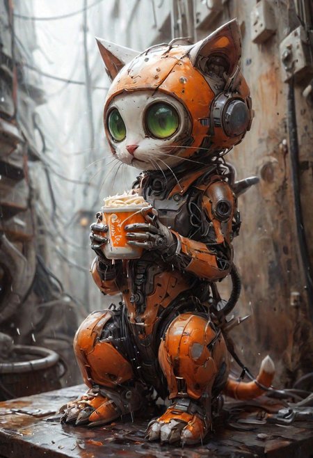 (Robot) (Utopa city)
photo-realistic,
higly-detailed,
cat wearing a futuristic space suit,
serious expresssion
a orange and white kitty sipping a mug of hot coffee holding it with it's two front paws,
lapping up the coffee as if it were drinking water,
light green eyes,