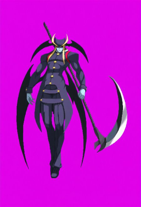 masterpiece, best quality, solo, 1boy, looking at viewer, <lora:Dengeki_Bunko-illus_Fp:1>, full body, pixel art, simple background, <lora:Jedah-illus_Fp:1>, jedahv, blue skin, red eyes, head wings, wings, uniform, pants, long sleeves, sleeve cuffs, floating, holding scythe,  muscular, blonde hair,
