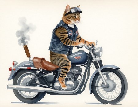score_9_up, score_9, score_8_up, score_8, score_7_up, A water color painting of a tabby cat, wearing bike leathers, riding a sporty motorbike, helmet with visor up, biker gang, tough, angry, strong, smoking, cigar in hand, <lora:add-detail-xl:1> on {rough paper/a rough canvas}. <lora:Rough_Water_Colors_SDXL:1>