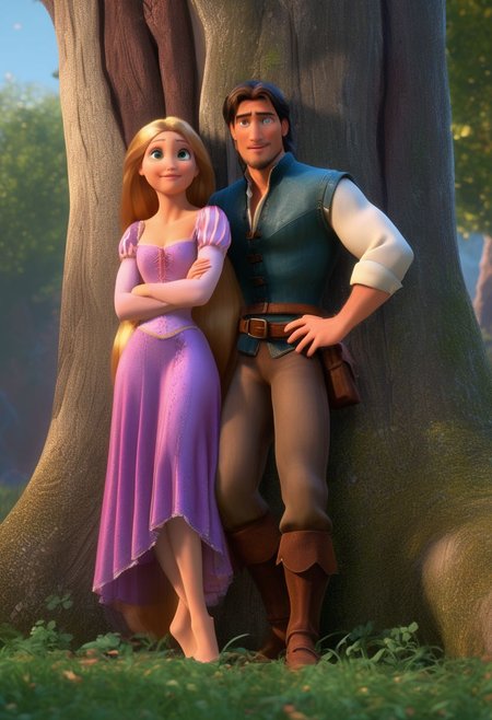 FlynnRider, Rapunzel, 1man, 1girl,, full body shot, realistic, stunningly realistic, trending on artstation ,  FlynnRider, Rapunzel, 1man, 1girl, original style, 3D disney anime, leaning on a tree, wanted poster with his image plastered on the trunk, (masterpiece), best quality, highres, 4k, 8k, intricate detail, cinematic lighting, amazing quality, amazing shading, soft lighting, 35mm, analog style, a realistic photo, film grain, (photorealistic:0.6), taken by a canon eos r5, ultra detailed skin, ultra detailed face,  chromatic aberration, colorful, bright colors,