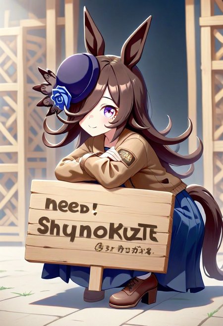 (umamusume,rice_shower_(umamusume),) 1girl,  long_hair, rice shower \(umamusume\), solo,  (need_buzz, buzz, need_buzz, holding sign, holding sign ), 
, wood style,from side, long skirt, outdoor,pg,
blue flower, wood design jacket, blue rose, 
(animal_ears, blue_skirt, brown_hair, flower, hair_over_one_eye, hat, horse_ears, horse_girl, horse_tail, jacket, long_hair, looking_at_viewer, purple_eyes, purple_hat, rose,  skindentation, skirt, smile, solo, standing, tail,  
linea_alba,squatting, looking at viewer,  tilted_headwear, shaded face, fake smile, nervous sweat, wavy mouth, , very awa, general, :0.6)