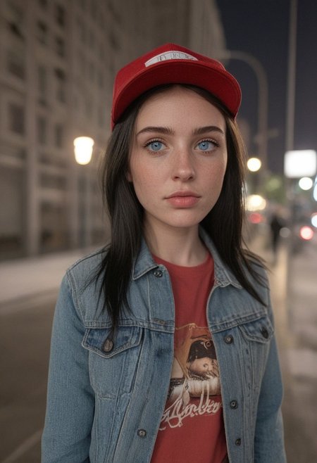 30yo woman posing for pic in front of tall building.
Blue eyes. perfecteyes 
Wearing ripped Denim jacket red trucker hat
no makeup. Clear skin.  realistic skin style
Long dark black slick back hair. No makeup. Dusk, Street light. Looking at camera POV. Slight smile, tilting head.. Tilt head.
Medium Close Up shot. Bokeh. Bokeh light.