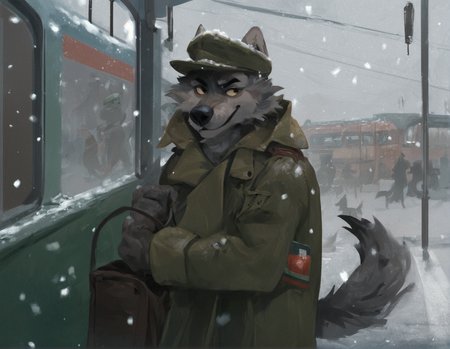 source_furry ,  grey wolf wearing a ushanka hat and long soviet style coat, boarding a green soviet train, tail, snowing,  <lora:E6_Styles_-_Kenket_Definitive_Edition_v2:0.8>, score_9, score_8_up, score_7_up,