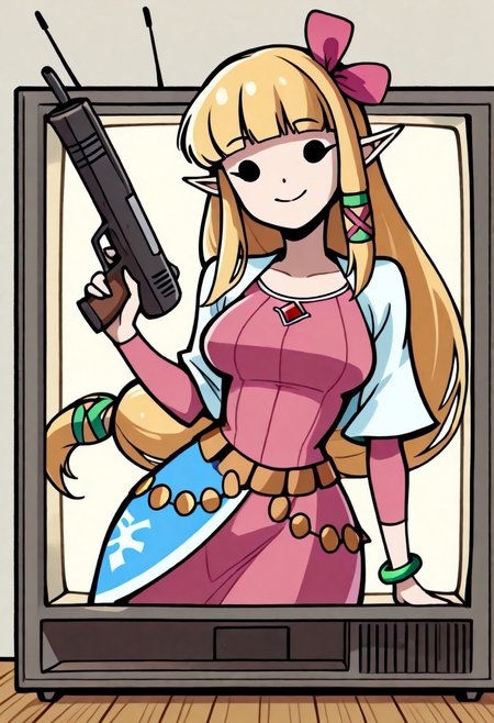masterpiece,best quality, 2D, 1girl, solo, zeldssn11, blonde hair, hair tubes, hair ribbon, low-tied long hair, blunt bangs, Black eyes, solid eyes, pointy ears, brown belt, pink dress, green bracelets, white capelet, blue waist cape, medallions, scr33n, screen, emerging, emerging from television screen, large smile, holding gun