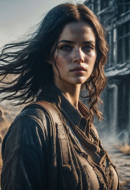 A character with an hourglass body with a dramatic camera angle, lens flares, more dramatic lighting, deeper and more contrasted shadows, a colder color grading, wet, a desolate wasteland background and her expression is of fierce determination. The scene is set in a walking dead scenario with high detail, 4k resolution, ultra HDR, and ghostly beauty. The image should reflect intricate details, raw photo quality, and a windy atmosphere.