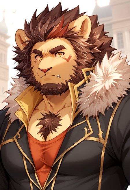 score_9, score_8_up, score_7_up, 8k, detailed design, detailed background, detailed characters, masterpiece, anthro only, furry only, 1boy, solo, kahara, lion boy, coat, lion ear, yellow eyes, 1boy, bara, lion ears, furry male, mature male, chest hair, shirt,  outside,